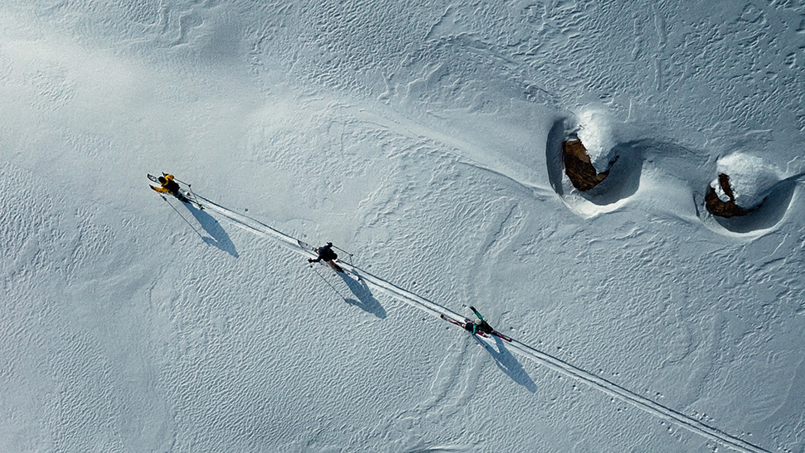Aerial view of a skintrack cut across an untouched snow face